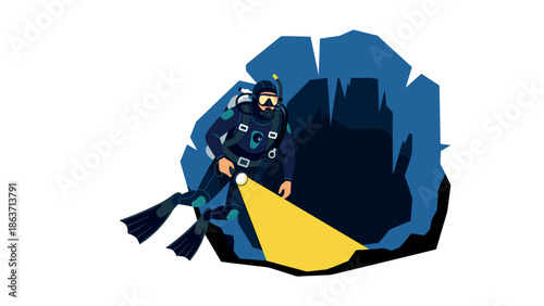 Diver exploring underwater cave with flashlight in stylized flat design