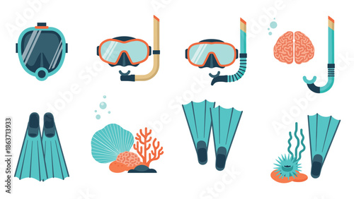 Diving gear and marine icons in modern flat design