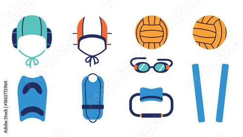 Water polo equipment set: caps, balls, and training gear - modern icon design