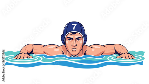 Competitive water polo athlete in action illustration with cartoon style