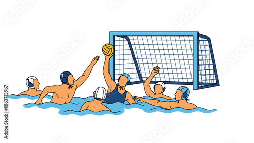 Men playing water polo in a swimming pool with a goalpost in the background