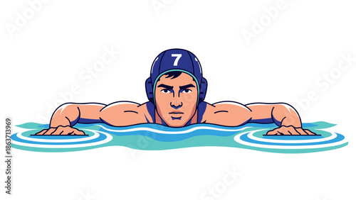 Water polo athlete in action: dynamic swimming pose with helmet