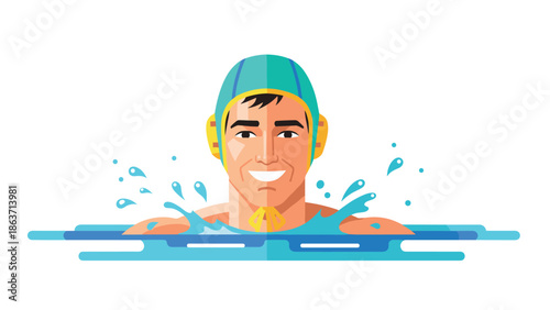 Smiling water polo player in flat design with splashing water
