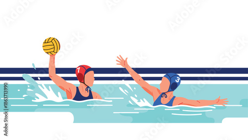 Dynamic water polo game with athletes in action in blue and red caps