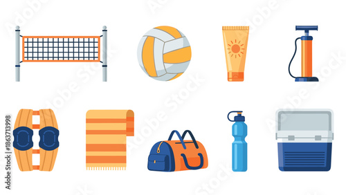 Summer sports gear collection with volleyball, fitness accessories, and beach items in flat design