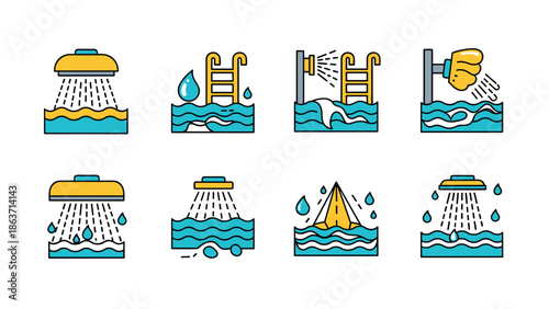 Colorful pool and shower icon set with water elements