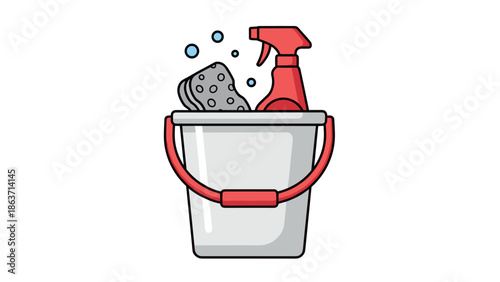 Cleaning supplies: red spray bottle and sponge in a white bucket