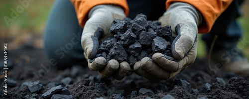 Gardener holds handful of charcoal pieces. Person wearing work gloves examines dark fuel material. Sustainable agriculture concept with soil and carbon chunks.