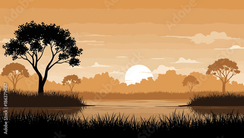 Serene African Savannah Landscape at Sunrise with Silhouetted Trees and Water