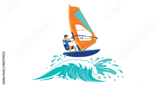 Wind surfer gliding over ocean wave in vibrant flat design