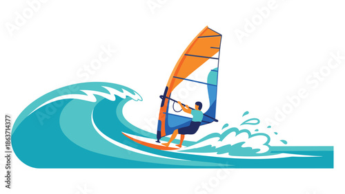 Windsurfer riding a wave with vibrant sail in dynamic flat style