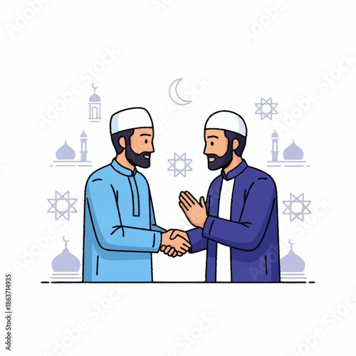 Two Muslim men shaking hands celebrating Eid.