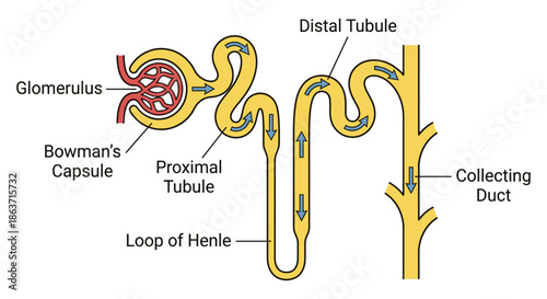 Nephron anatomy diagram showing kidney filtration process vector illustration
