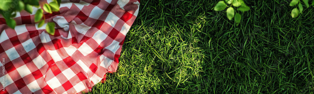Obraz premium Classic red and white checkered picnic blanket spread over a lush green lawn, representing a sunny summer day spent outdoors with family and friends in a peaceful park environment.