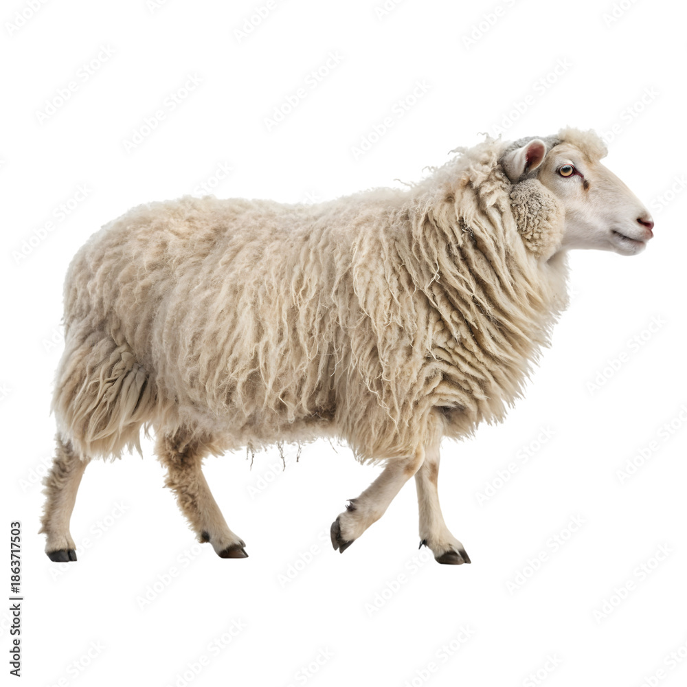 Fototapeta premium Realistic Sheep with Thick Wool: Ultra-realistic full body sheep covered with thick fluffy wool, natural standing pose, high texture detail, studio lighting, PNG 