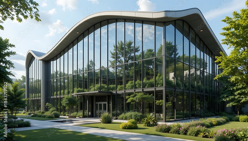Fototapeta premium Modern Sustainable Office Building with Glass Facade and Green Landscaping. Contemporary Corporate Architecture Design Featuring Eco-Friendly Workspace and Sunny Garden Entrance.