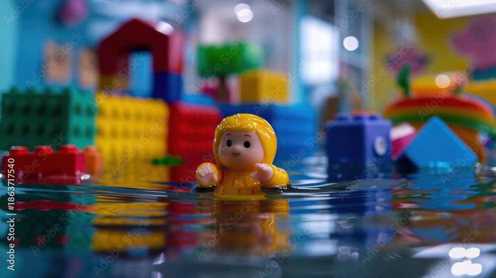 Fototapeta premium Child Playing in Colorful Toy Water Scene with Bright Background and Fun Elements for Kids Activities