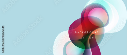 Abstract fluid shapes overlap, creating vibrant color gradients. Light blue background enhances dynamic composition. Modern design element.