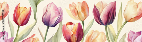 Vintage floral pattern featuring colorful tulips in a soft watercolor style on a cream colored background, designed as a classic spring wallpaper for elegant home decor and wall art.