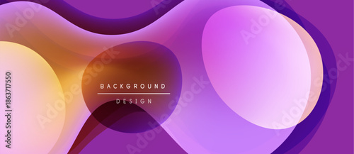 Abstract fluid shapes overlap, creating vibrant gradients. Purple, pink, orange hues dominate design. Modern aesthetic.
