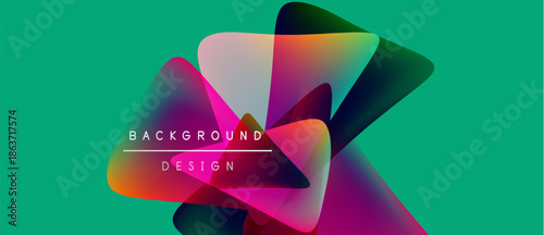 Abstract colorful shapes overlap turquoise background. Modern design elements create dynamic visual composition. Text reads background design.