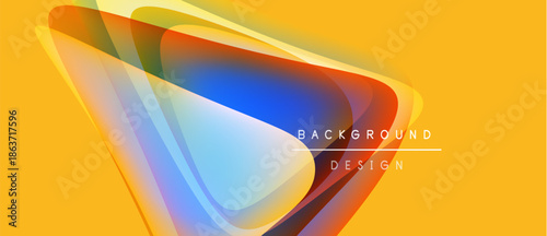 Abstract vibrant layers overlap, creating dynamic visual effect. Yellow backdrop enhances colorful shapes, modern design element.