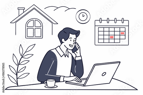 A man works from home on his laptop while on a phone call