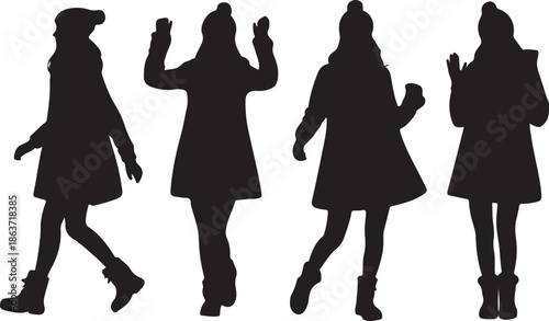 set of young woman silhouettes in different poses