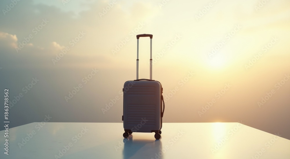 Fototapeta premium Suitcase sitting on a table with a sunset in the background