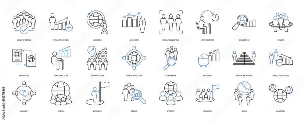 Fototapeta premium Population icon set. Containing demographic, citizen, group of people, birth rate, residents, census, diversity, community and more. Solid vector icons collection. EPS 10