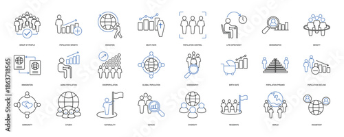 Population icon set. Containing demographic, citizen, group of people, birth rate, residents, census, diversity, community and more. Solid vector icons collection. EPS 10
