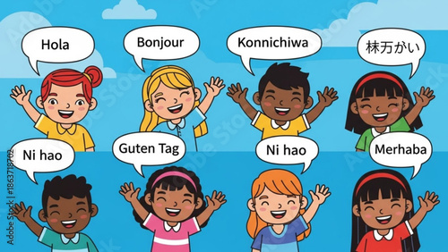 Diverse group of happy children waving with speech bubbles in multiple languages, symbolizing friendship, communication and global unity against a blue sky background