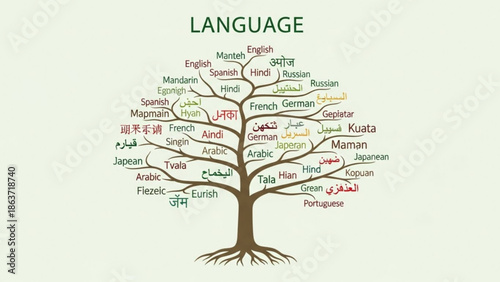 Language tree with words in multiple languages on branches, representing global communication and linguistics with multilingual and culture and diversity