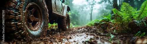 A close-up view of a rugged off-road vehicle wheel covered in thick mud rests on a forest floor of green ferns under a cloudy sky, emphasizing the intensity of a rainy day adventure.