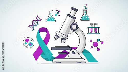 Medical research concept with microscope, dna, beakers, test tubes, and purple teal ribbon for awareness, science and laboratory equipment for study and analysis