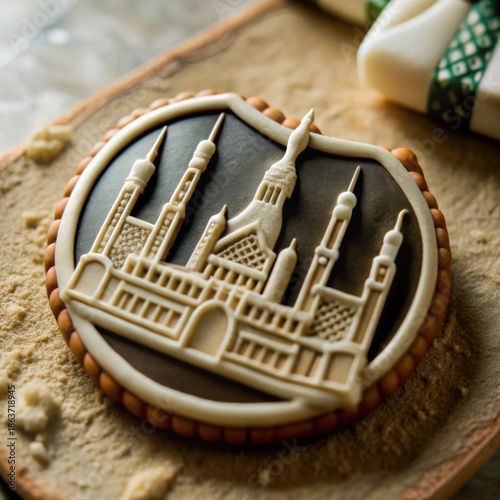Decorated cookie with intricate white icing mosque design, placed on a floured surface in a festive baking scene.