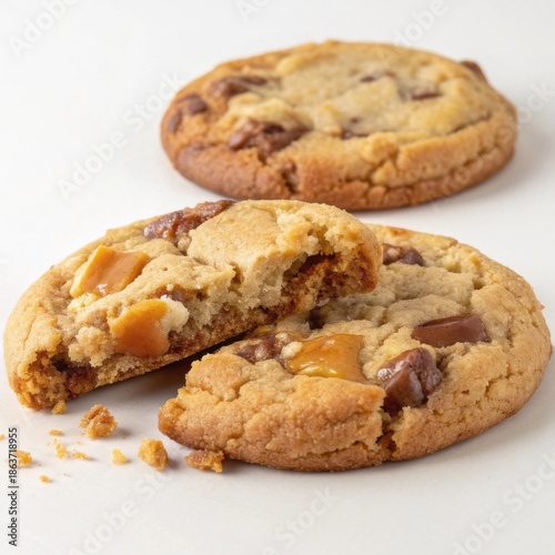 Two chocolate chip cookies on a white surface, one broken to reveal gooey caramel and chocolate chunks inside.