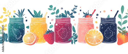 Vibrant jars filled with strawberries, oranges, and leafy greens are in a flat line art style on a white background, celebrating healthy smoothie ingredients through bold graphics.