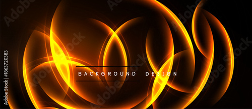 Abstract orange lines create dynamic glowing shapes. Dark background emphasizes bright curves, forming modern design element.
