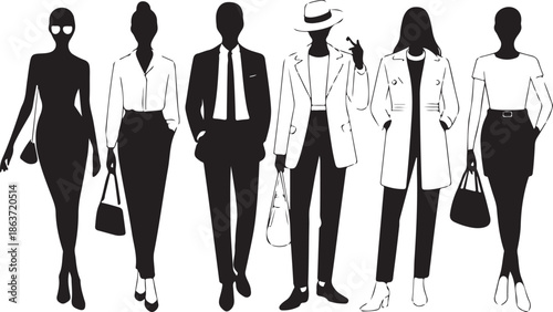 six stylish people walking in different outfits and poses