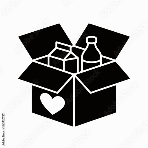 onation, foodbank, charity, box, heart, aid, hunger, relief, nonprofit, giving, volunteer, groceries, canned, bottle, milk, package, support, community, kindness, help, generosity, altruism, philanthr