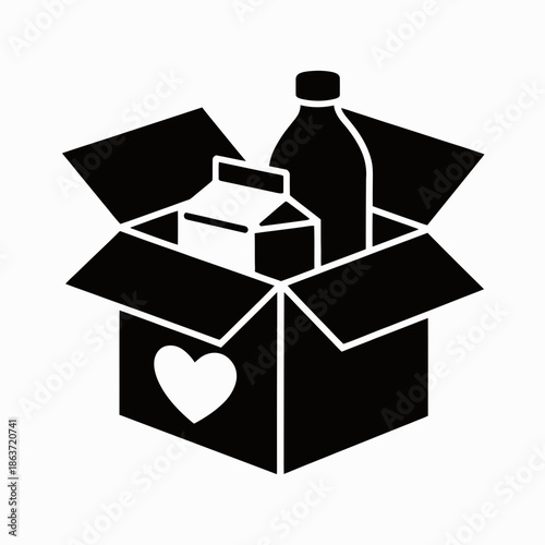 onation, foodbank, charity, box, heart, aid, hunger, relief, nonprofit, giving, volunteer, groceries, canned, bottle, milk, package, support, community, kindness, help, generosity, altruism, philanthr
