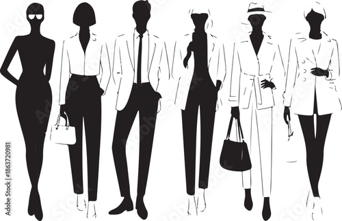 group of business people in formal wear standing in different poses