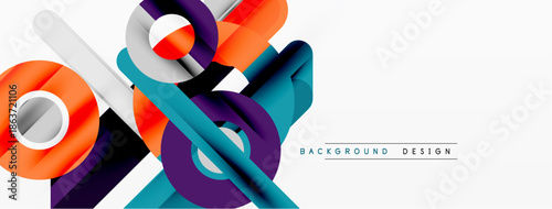 Abstract geometric shapes overlap. Vibrant colors create modern design. White background emphasizes dynamic composition. Simple, clean aesthetic.