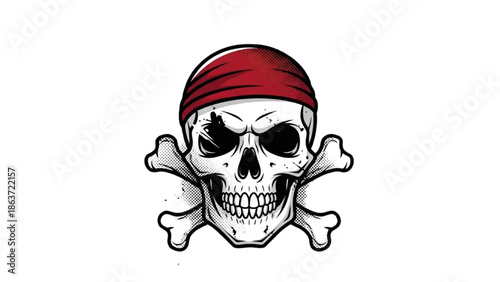A menacing skull and crossbones illustration with a red bandana on a white background