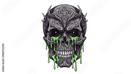 A detailed illustration of a skull with green slime dripping from its mouth, featuring intricate designs and a menacing grin
