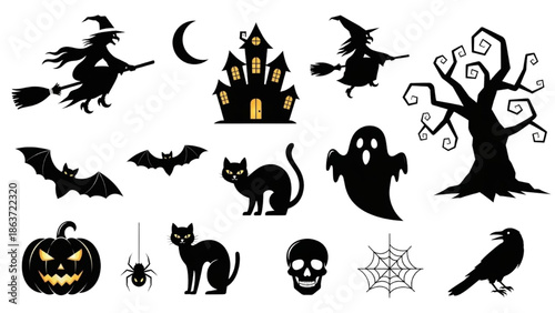 Halloween elements silhouetted against a white background with witches, bats, and a haunted house.