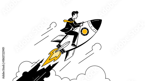 Businessman Soaring on Rocket Ship Illustrating Innovation, Growth, and Startup Success in Modern Work Environment