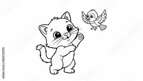 Cute cartoon cat and bird illustration for coloring.