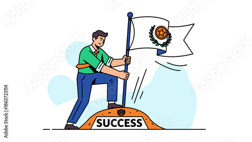 Empowered Business Leader Standing on Success Mountain Pole with Flag Celebrating Achievement and Triumph in a Corporate Environment